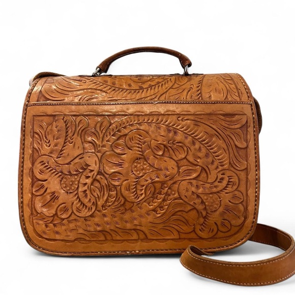 Sergio Collection Vintage 80s 90s Hand Tooled Leather Crossbody Briefcase Satche - Picture 4 of 14